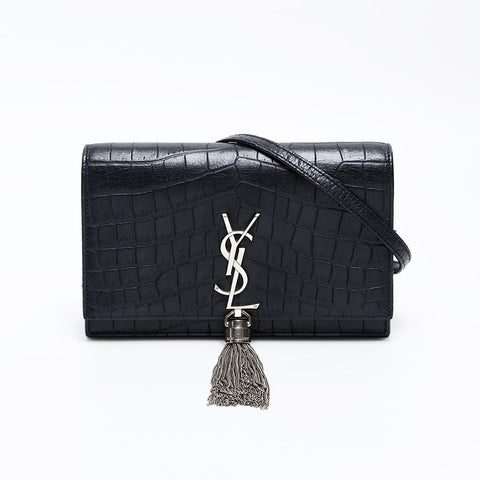 YVES SAINT LAURENT Kate Fringe Chain Embossed Leather Shoulder Bag black WS20809