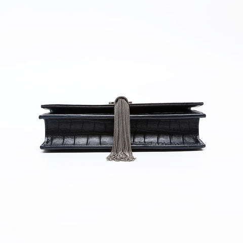 YVES SAINT LAURENT Kate Fringe Chain Embossed Leather Shoulder Bag black WS20809