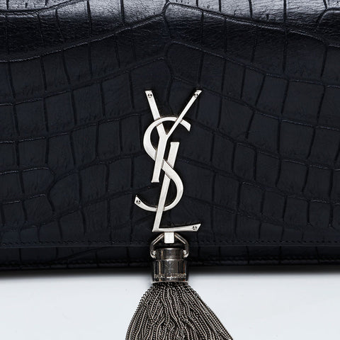 YVES SAINT LAURENT Kate Fringe Chain Embossed Leather Shoulder Bag black WS20809