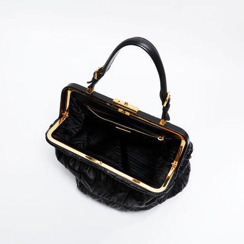 PRADA Gaufre Gathered Leather Handbag black WS20818