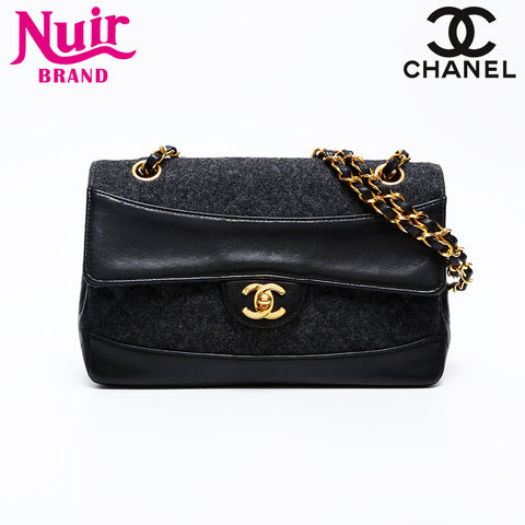CHANEL 1st Series 1989-1991 Wool Quilted Flap Chain Shoulder Bag black WS20841