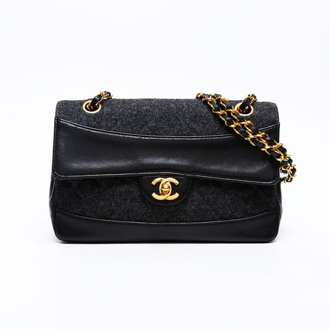 CHANEL 1st Series 1989-1991 Wool Quilted Flap Chain Shoulder Bag black WS20841