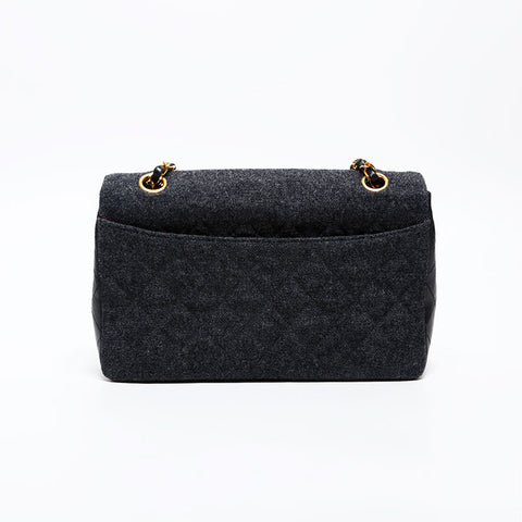 CHANEL 1st Series 1989-1991 Wool Quilted Flap Chain Shoulder Bag black WS20841
