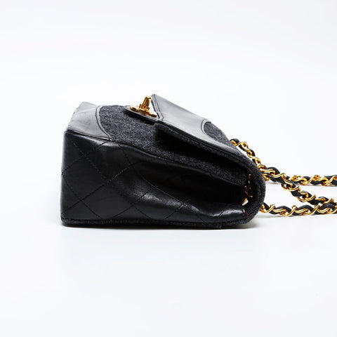 CHANEL 1st Series 1989-1991 Wool Quilted Flap Chain Shoulder Bag black WS20841