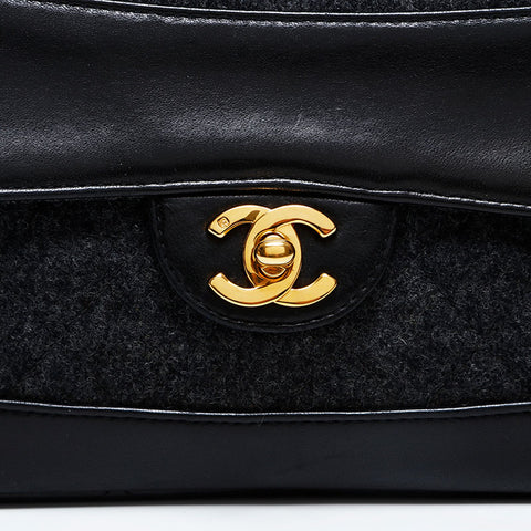 CHANEL 1st Series 1989-1991 Wool Quilted Flap Chain Shoulder Bag black WS20841