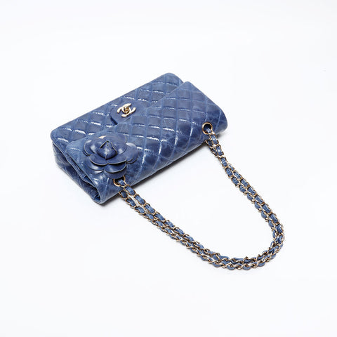 CHANEL 15th series 2011 Matelasse 25 Double flap Camellia Shoulder Bag blue WS20876