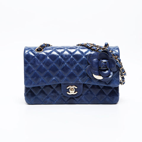 CHANEL 15th series 2011 Matelasse 25 Double flap Camellia Shoulder Bag blue WS20876