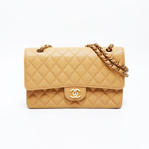 CHANEL No. 7 2002-2003 Matelasse 25 Double Flap Caviar Shoulder Bag beige WS20879