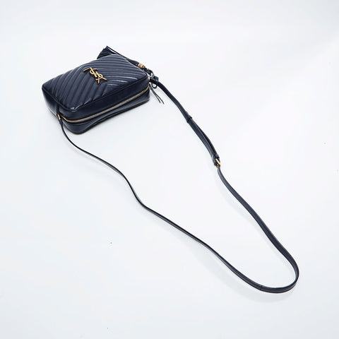 YVES SAINT LAURENT Leather Chevron Roo Camera Bag Shoulder Bag Navy WS20912