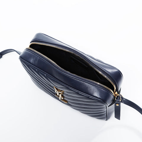 YVES SAINT LAURENT Leather Chevron Roo Camera Bag Shoulder Bag Navy WS20912