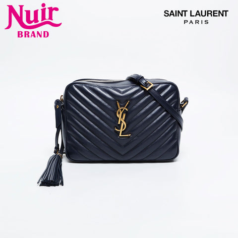 YVES SAINT LAURENT Leather Chevron Roo Camera Bag Shoulder Bag Navy WS20912