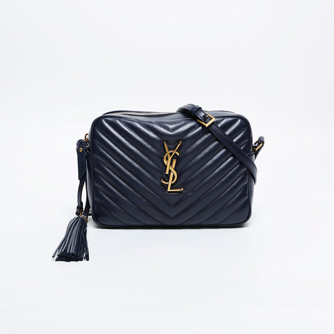 YVES SAINT LAURENT Leather Chevron Roo Camera Bag Shoulder Bag Navy WS20912