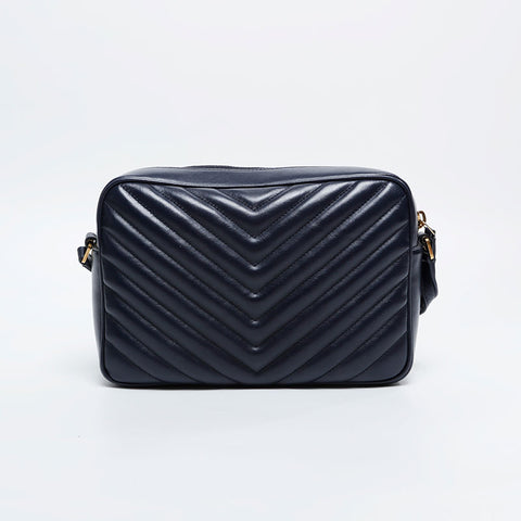 YVES SAINT LAURENT Leather Chevron Roo Camera Bag Shoulder Bag Navy WS20912