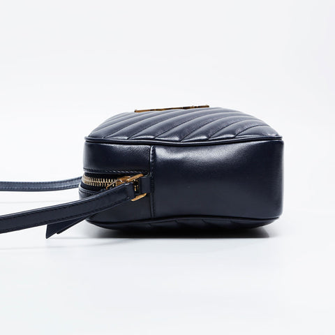 YVES SAINT LAURENT Leather Chevron Roo Camera Bag Shoulder Bag Navy WS20912