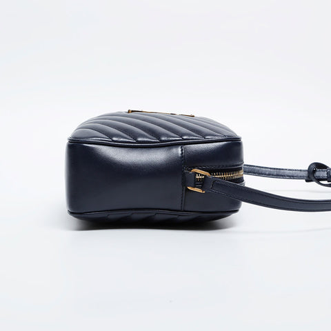 YVES SAINT LAURENT Leather Chevron Roo Camera Bag Shoulder Bag Navy WS20912