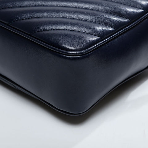 YVES SAINT LAURENT Leather Chevron Roo Camera Bag Shoulder Bag Navy WS20912