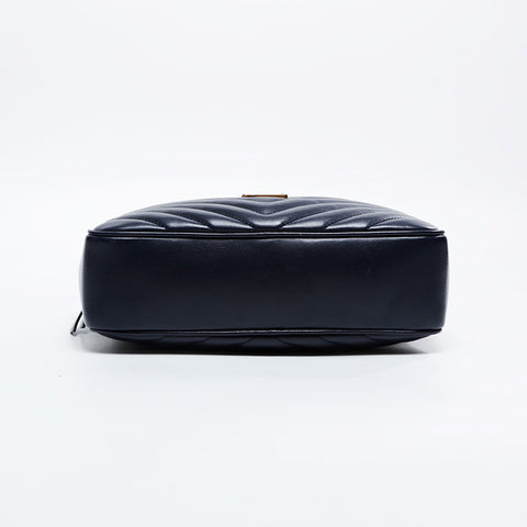 YVES SAINT LAURENT Leather Chevron Roo Camera Bag Shoulder Bag Navy WS20912