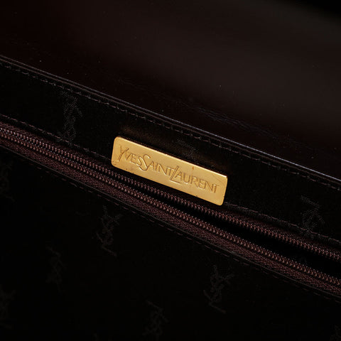 YVES SAINT LAURENT Logo Metal Leather Handbag Brown WS20918