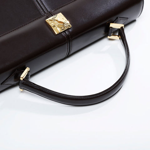 YVES SAINT LAURENT Logo Metal Leather Handbag Brown WS20918
