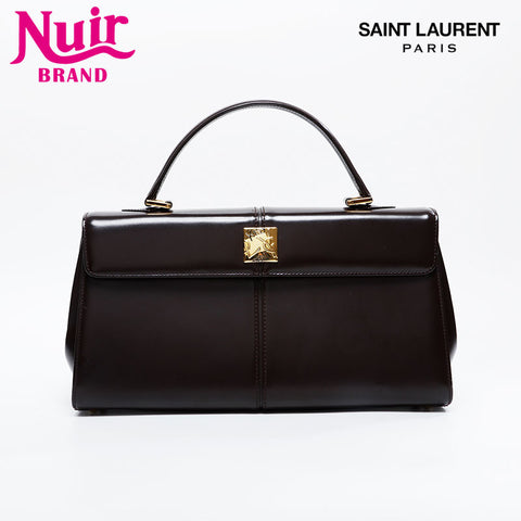 YVES SAINT LAURENT Logo Metal Leather Handbag Brown WS20918