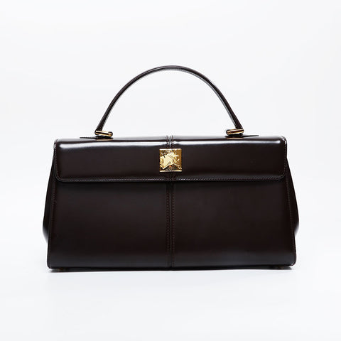 YVES SAINT LAURENT Logo Metal Leather Handbag Brown WS20918