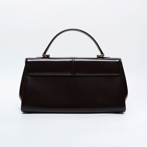 YVES SAINT LAURENT Logo Metal Leather Handbag Brown WS20918