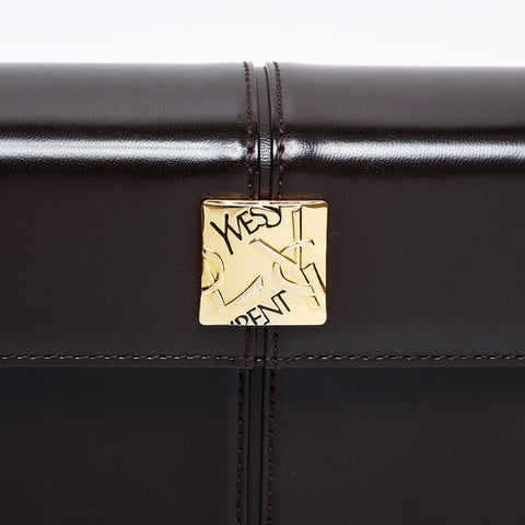YVES SAINT LAURENT Logo Metal Leather Handbag Brown WS20918