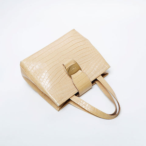 Salvatore Ferragamo Leather Vara Embossed Handbag yellow WS20950