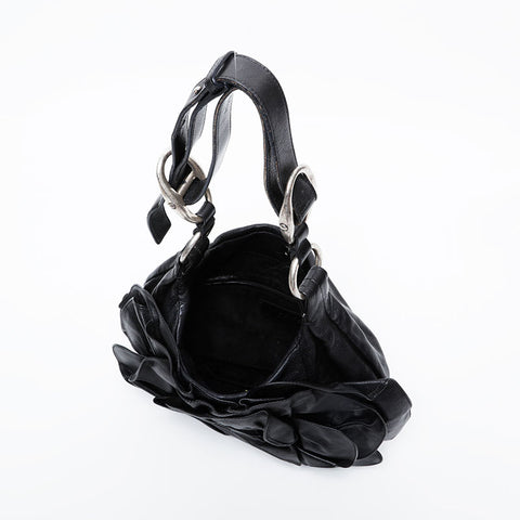 YVES SAINT LAURENT Leather Fringe Pleated Handbag black WS20955