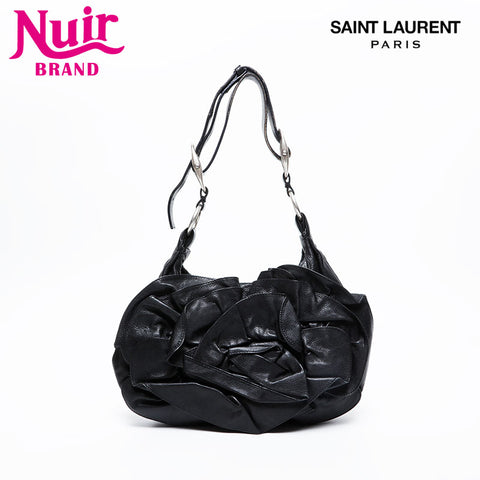 YVES SAINT LAURENT Leather Fringe Pleated Handbag black WS20955