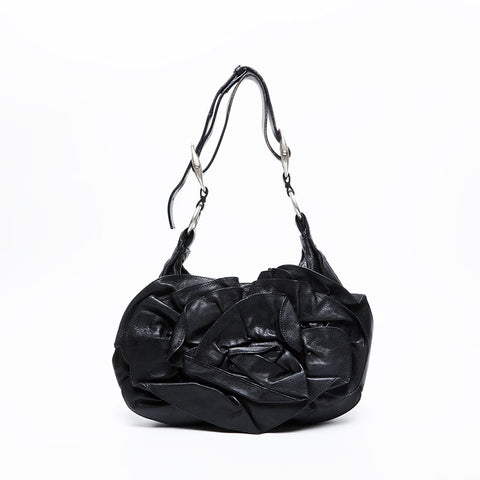 YVES SAINT LAURENT Leather Fringe Pleated Handbag black WS20955