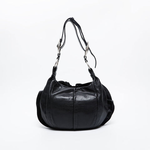 YVES SAINT LAURENT Leather Fringe Pleated Handbag black WS20955