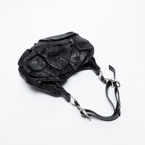 YVES SAINT LAURENT Leather Fringe Pleated Handbag black WS20955