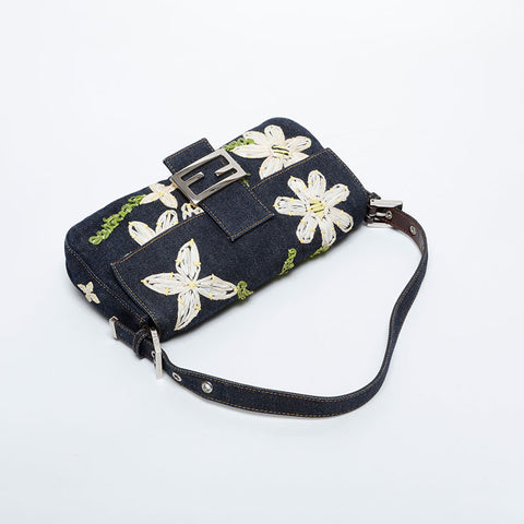 フェンディ FENDI デニムフラワー刺繍 マンマバケット ハンドバッグ ネイビー WS20957