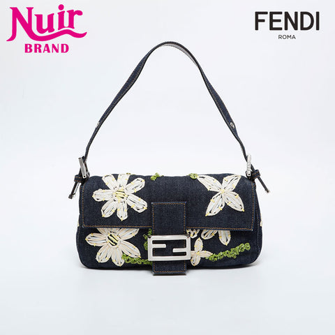 フェンディ FENDI デニムフラワー刺繍 マンマバケット ハンドバッグ ネイビー WS20957