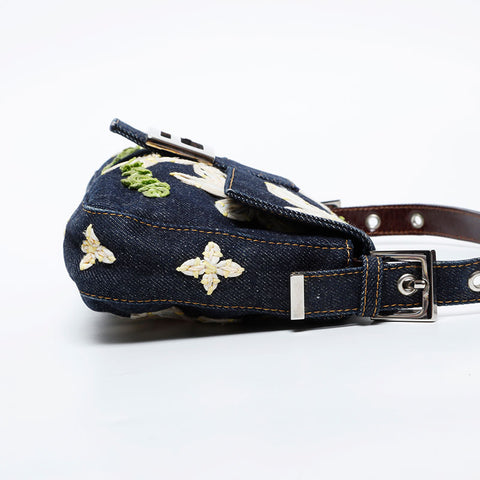 フェンディ FENDI デニムフラワー刺繍 マンマバケット ハンドバッグ ネイビー WS20957