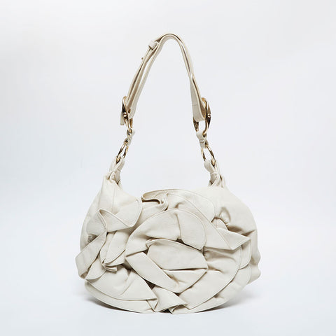 YVES SAINT LAURENT Leather Pleated Shoulder Bag white WS20986