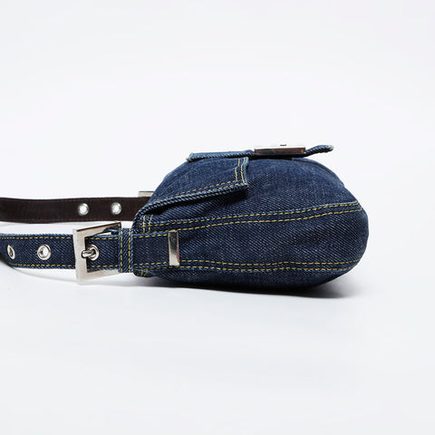 FENDI Denim Stitch Mamma Bucket Shoulder Bag Navy WS20996