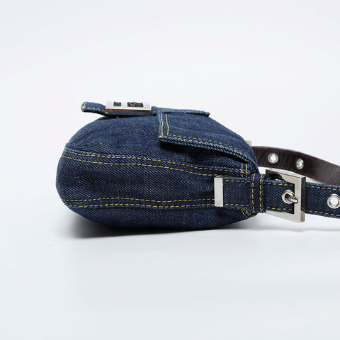 FENDI Denim Stitch Mamma Bucket Shoulder Bag Navy WS20996