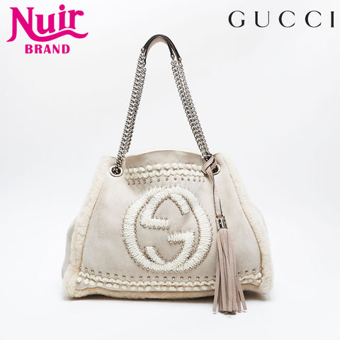 GUCCI Mouton Soho Stud Chain Shoulder Bag beige WS21002