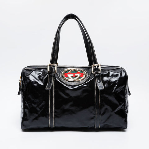 GUCCI Enamel New Brit Interlocking Shariline Handbag black WS21005