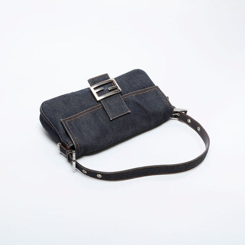 極美品 フェンディ FENDI デニム ステッチ マンマバケット ショルダーバッグ ネイビー WS21019