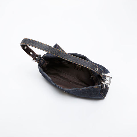 極美品 フェンディ FENDI デニム ステッチ マンマバケット ショルダーバッグ ネイビー WS21019