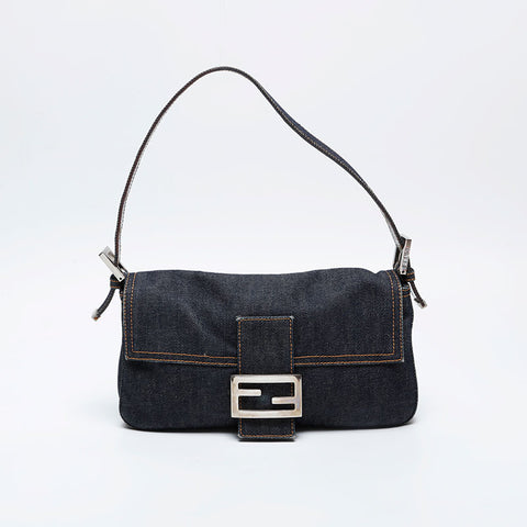 極美品 フェンディ FENDI デニム ステッチ マンマバケット ショルダーバッグ ネイビー WS21019