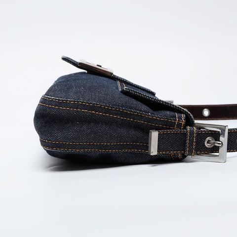 極美品 フェンディ FENDI デニム ステッチ マンマバケット ショルダーバッグ ネイビー WS21019