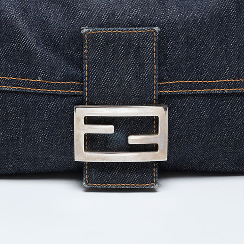 極美品 フェンディ FENDI デニム ステッチ マンマバケット ショルダーバッグ ネイビー WS21019