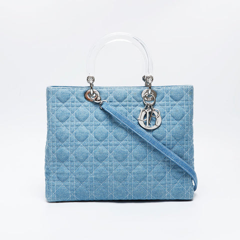 美品 クリスチャンディオール Christian Dior ラージ レディーディオール 2way デニム トートバッグ ブルー WS21033