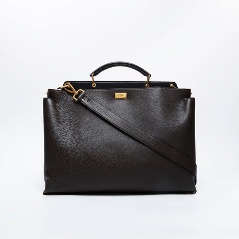 FENDI Essential Peekaboo Leather 2-Way Large Shoulder Bag Brown WS21050