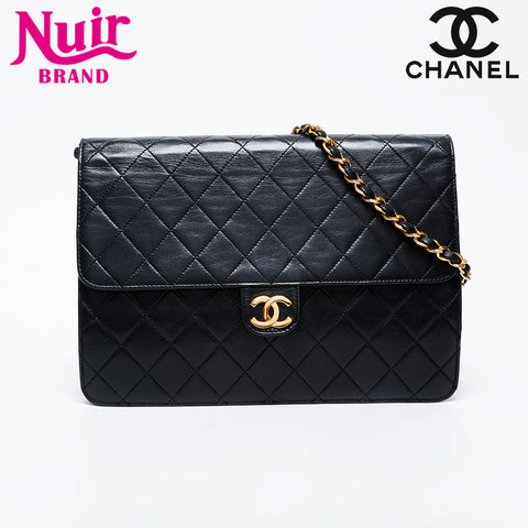 CHANEL Lambskin Push Lock Chain Flap Shoulder Bag black WS21071