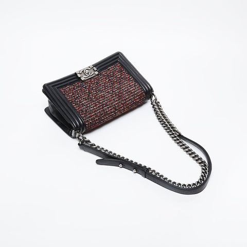 CHANEL 20s 2014-2015 Tweed Boy Chanel Silver Metal Shoulder Bag black WS21087